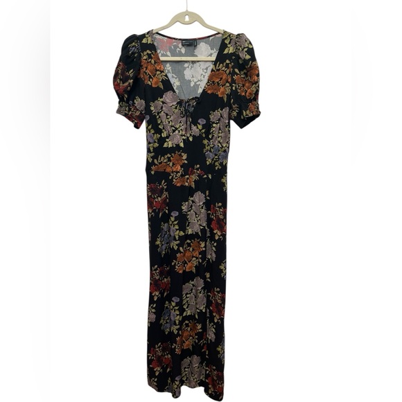 ASOS Dark Floral Midi Dress Puff Sleeve Lace-Up Front Slit Romantic Cottagecore - Picture 2 of 5